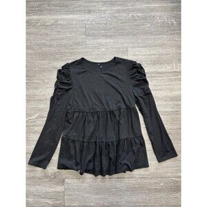 Black Long-sleeve Peplum Top with Puffed Shoulders Women's Size Large